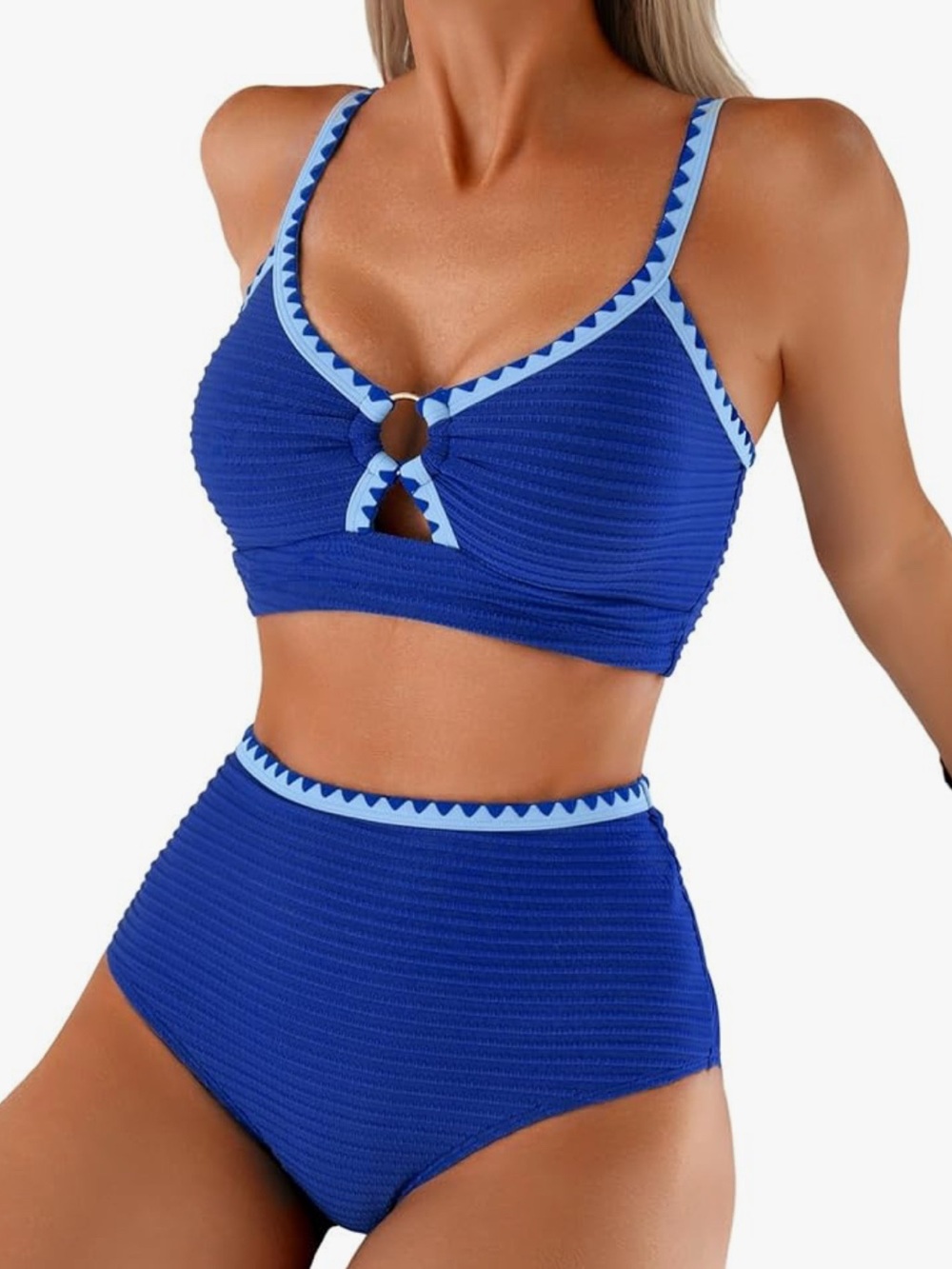 NEW Blue High-Waist Textured Bikini Set with Contrast Trim